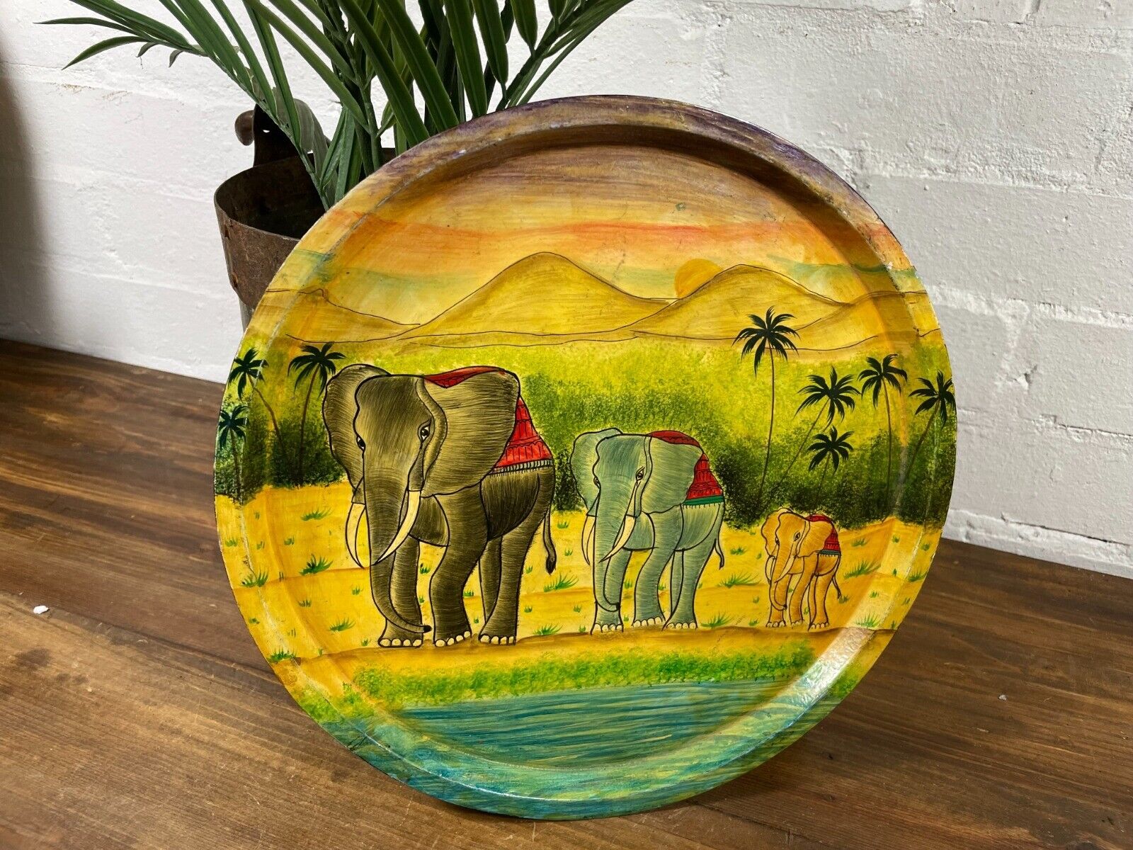 Vintage Original Kashmiri Hand Painted Elephant Papier Mache Tray