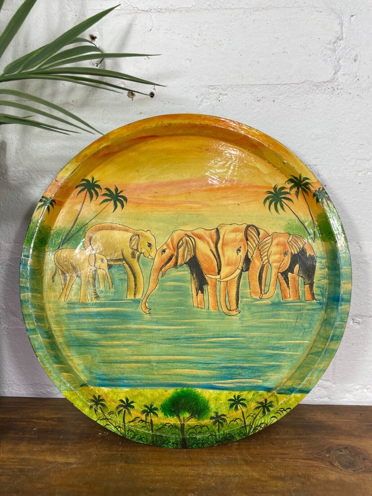 Vintage Original Kashmiri Hand Painted Elephant Papier Mache Tray