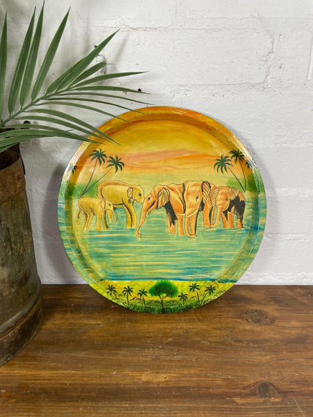 Vintage Original Kashmiri Hand Painted Elephant Papier Mache Tray