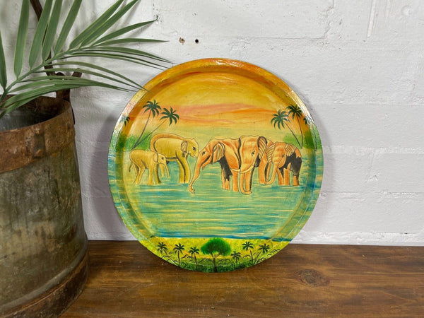 Vintage Original Kashmiri Hand Painted Elephant Papier Mache Tray