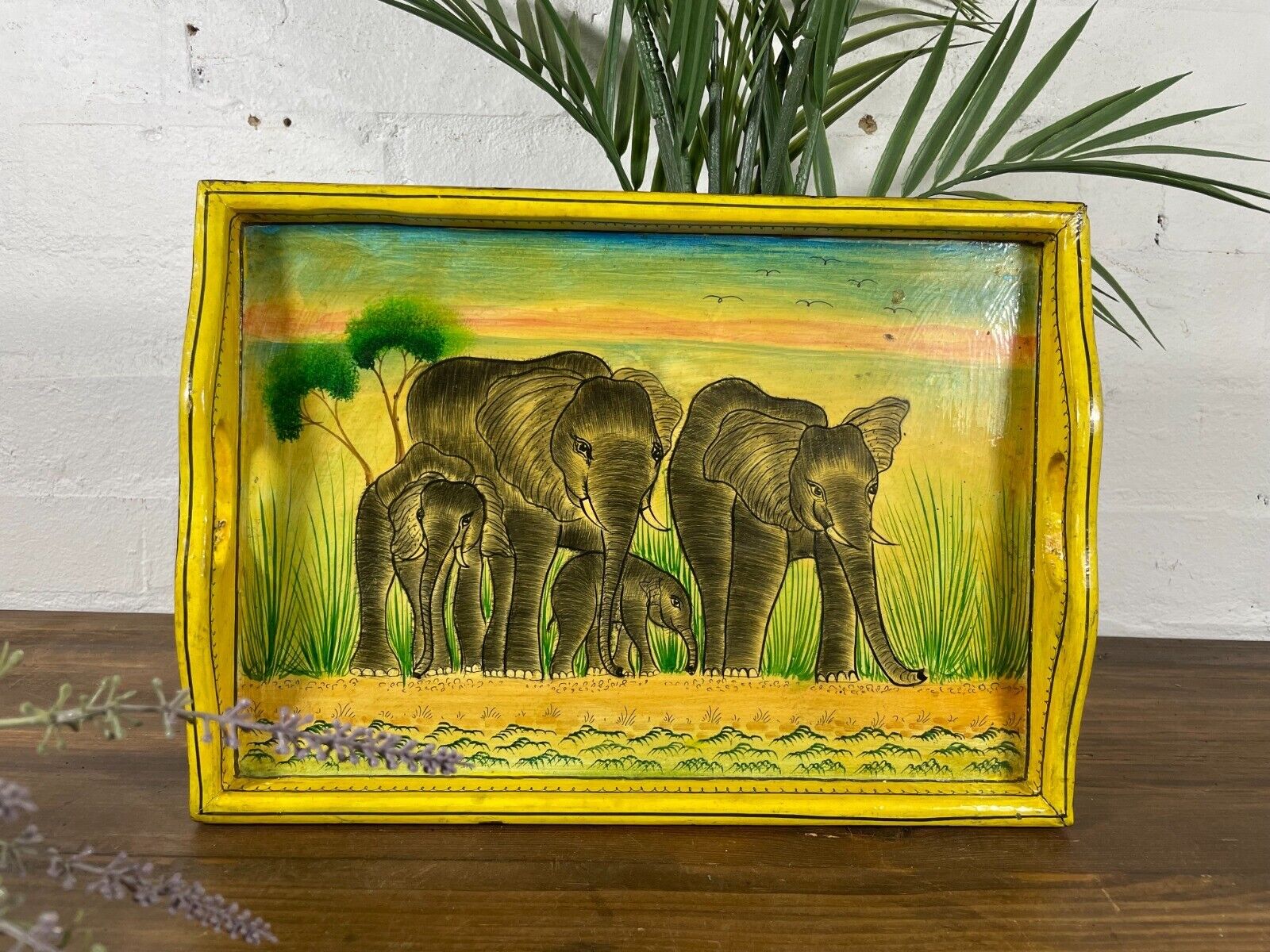 Vintage Original Kashmiri Hand Painted Elephant Papier Mache Tray