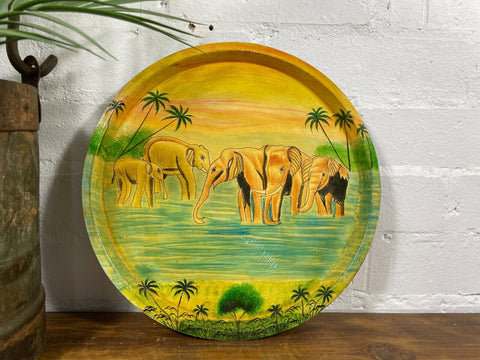 Vintage Original Kashmiri Hand Painted Elephant Papier Mache Tray