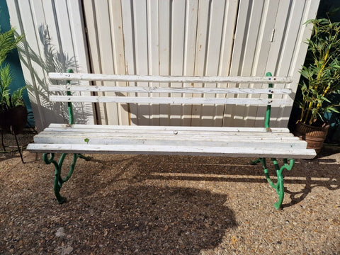 Vintage Antique French White Green Cast Iron Slatted Grape Vine Garden Bench