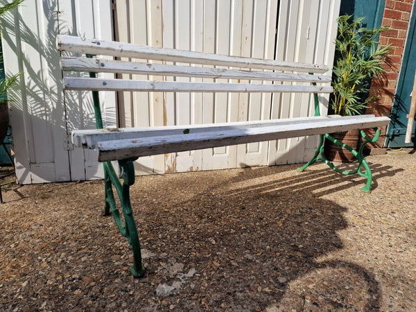 Vintage Antique French White Green Cast Iron Slatted Grape Vine Garden Bench