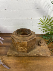 Vintage Antique Indian Rustic Hand Carved Wooden Spice Salt Dish