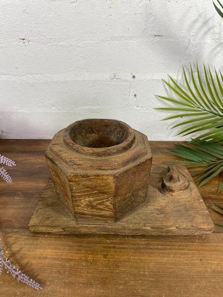 Vintage Antique Indian Rustic Hand Carved Wooden Spice Salt Dish