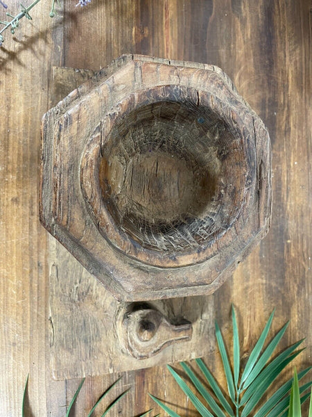 Vintage Antique Indian Rustic Hand Carved Wooden Spice Salt Dish