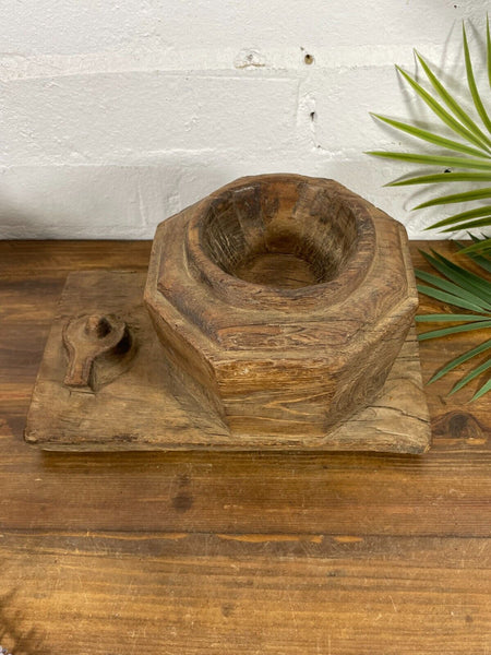 Vintage Antique Indian Rustic Hand Carved Wooden Spice Salt Dish