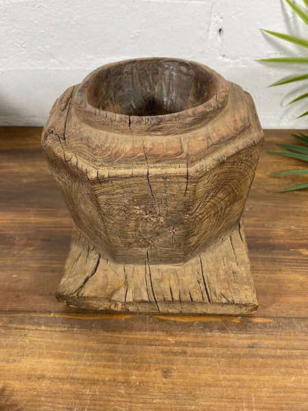 Vintage Antique Indian Rustic Hand Carved Wooden Spice Salt Dish