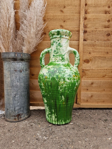 Large Rustic Green Painted Glazed Mediterranean Terracotta Garden Urn Amphora