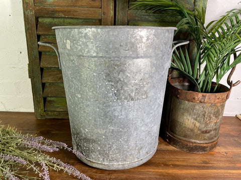 Large Vintage French European Galvanised Wash Tub Garden Planter Log Bin Basket