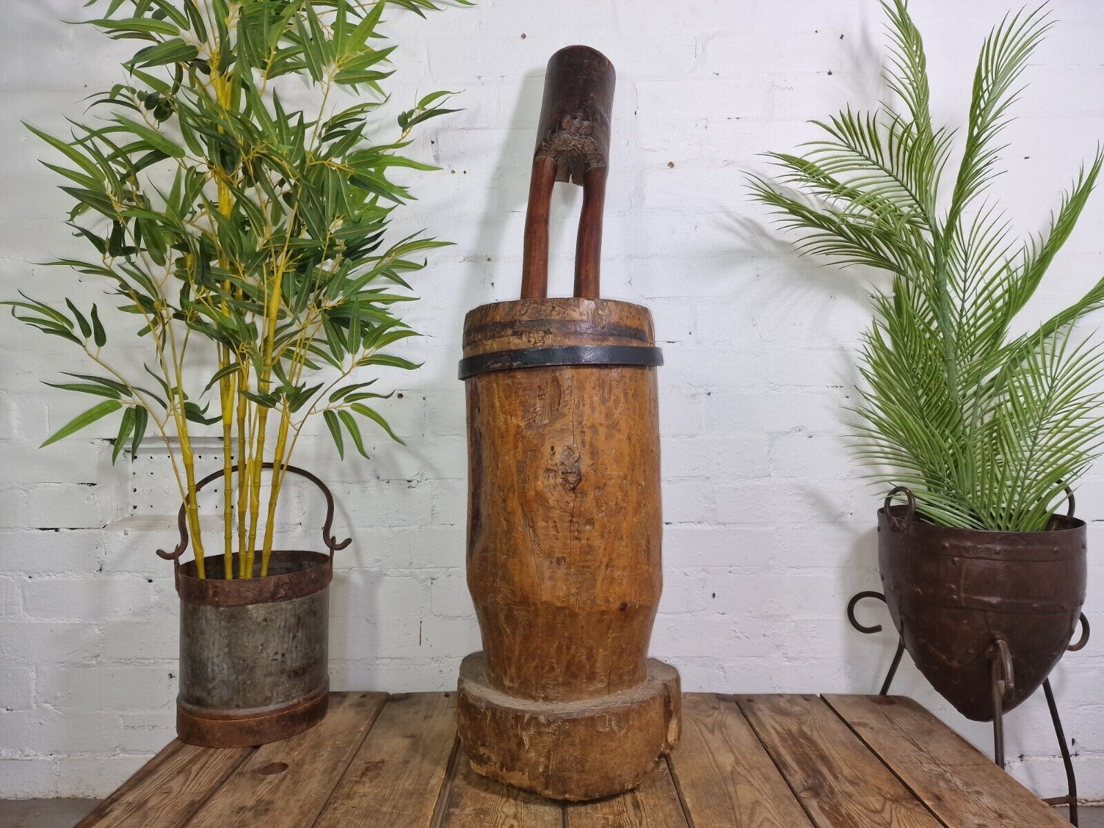Large Antique French Primitive Wooden Mortar and Pestle Display Prop