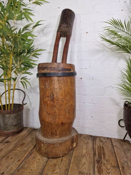 Large Antique French Primitive Wooden Mortar and Pestle Display Prop