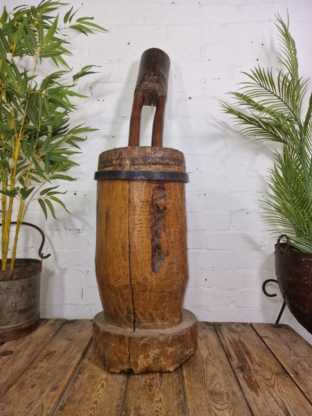 Large Antique French Primitive Wooden Mortar and Pestle Display Prop