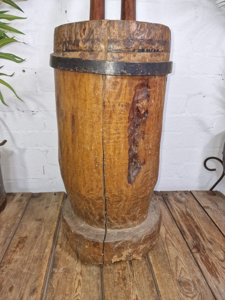 Large Antique French Primitive Wooden Mortar and Pestle Display Prop