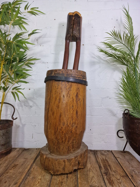 Large Antique French Primitive Wooden Mortar and Pestle Display Prop