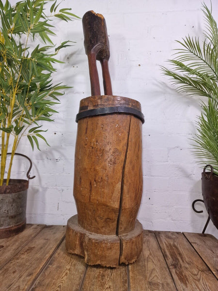 Large Antique French Primitive Wooden Mortar and Pestle Display Prop