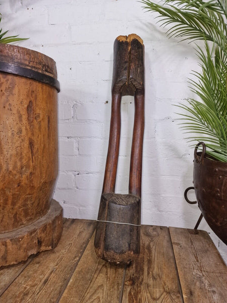 Large Antique French Primitive Wooden Mortar and Pestle Display Prop