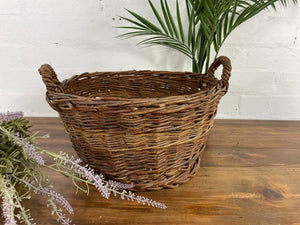 Vintage Hand Made Willow Wicker Storage Fruit Picking Log Linen Hamper Basket