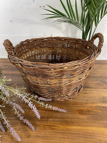 Vintage Hand Made Willow Wicker Storage Fruit Picking Log Linen Hamper Basket