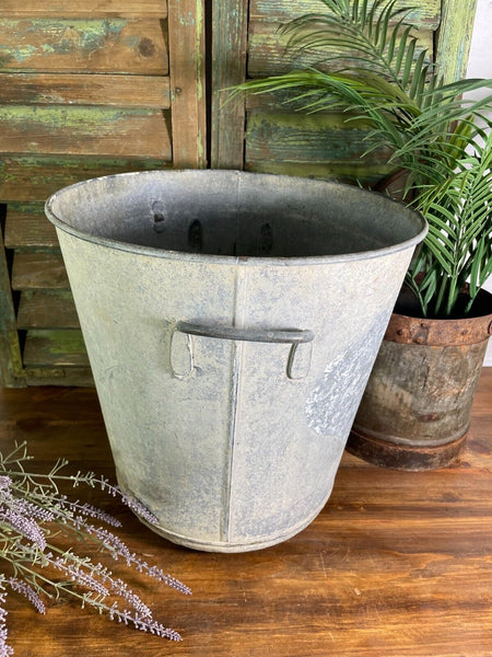 Large Vintage French European Galvanised Wash Tub Garden Planter Log Bin Basket