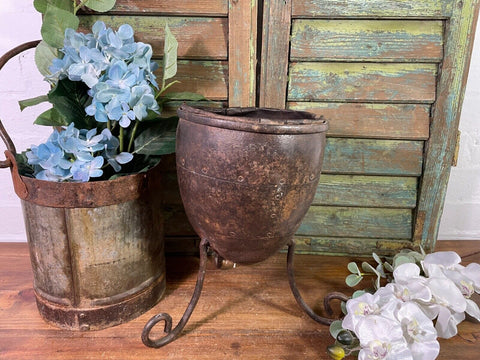 Vintage Riveted Metal Wrought Iron Foundry Casting Pot Stand Garden Planter