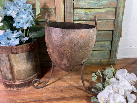 Vintage Riveted Metal Wrought Iron Foundry Casting Pot Stand Garden Planter