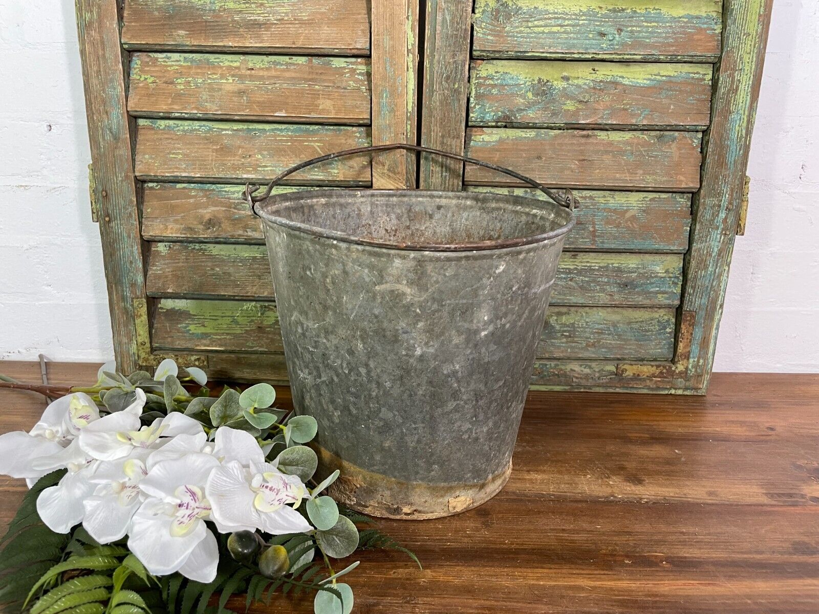 Vintage French European Galvanised Tub Fire Grain Bucket Pot Garden Planter