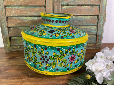Vintage Large Indian Metal Hand Painted Riveted Water Bowl Pot Vase