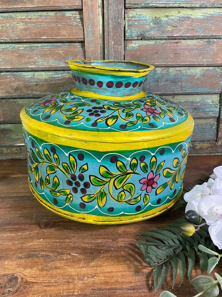 Vintage Large Indian Metal Hand Painted Riveted Water Bowl Pot Vase