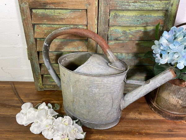Vintage Large French European Galvanised Zinc Watering Can Garden Planter