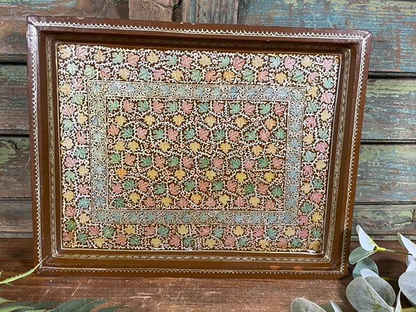 Vintage Original Kashmiri Hand Painted Floral Papier Mache Tray