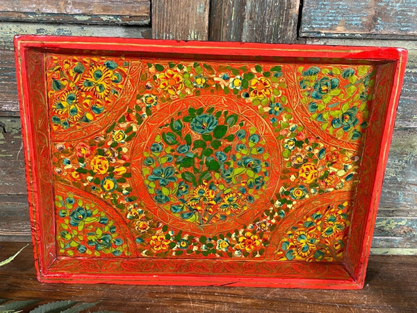Vintage Original Kashmiri Hand Painted Floral Papier Mache Tray