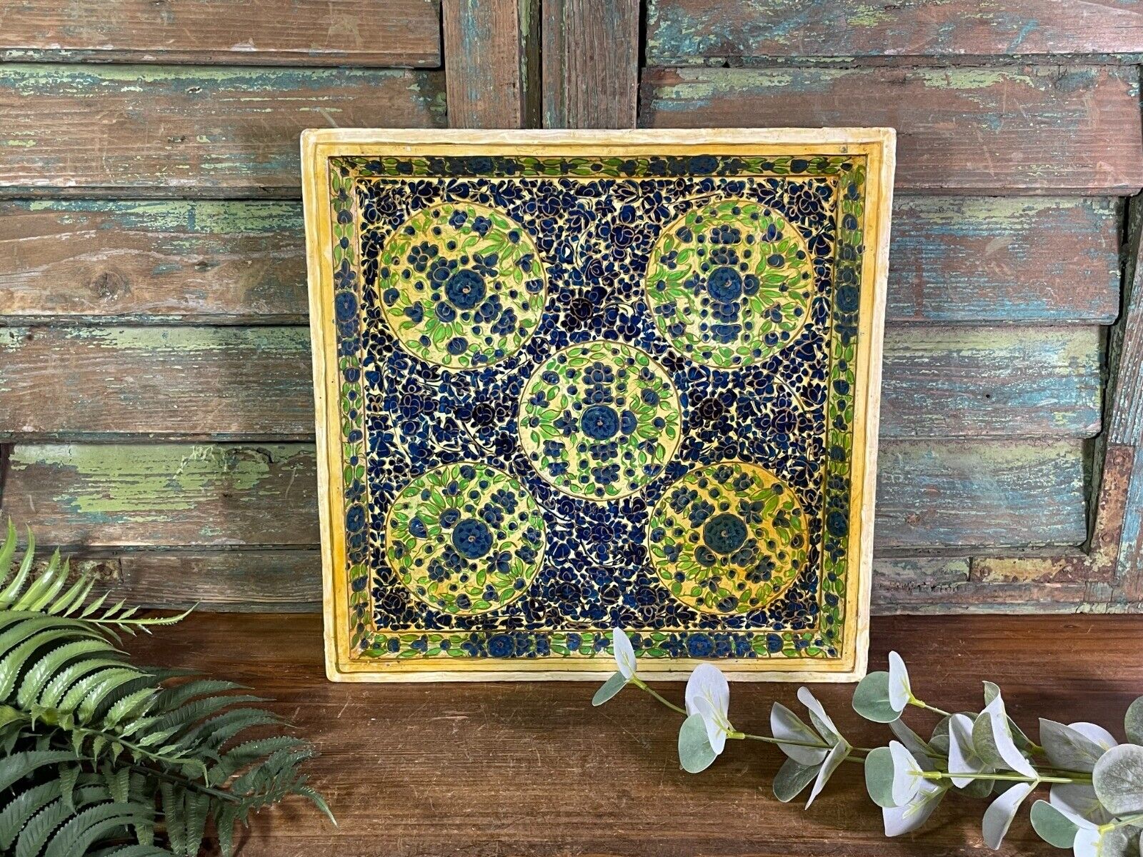 Vintage Original Kashmiri Hand Painted Floral Papier Mache Tray