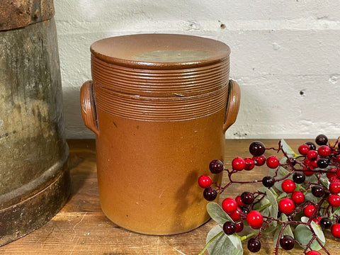Antique Rustic French Earthenware Salt Glazed Stoneware Storage Confit Pot & Lid