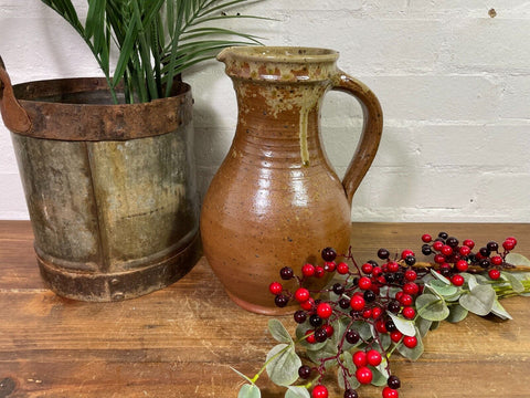 Antique Rustic French Earthenware Salt Glazed Stoneware Pitcher Flagon