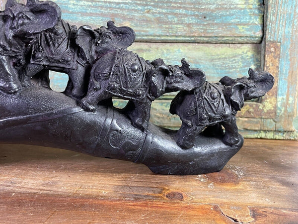 Indian Hand Made Marble Resin Black Elephant Family Statue Sculpture Ornament