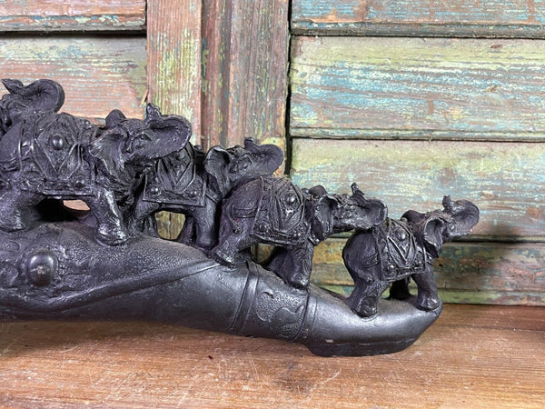 Indian Hand Made Marble Resin Black Elephant Family Statue Sculpture Ornament