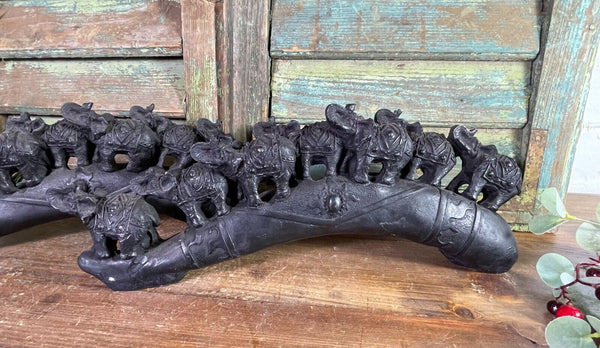 Indian Hand Made Marble Resin Black Elephant Family Statue Sculpture Ornament