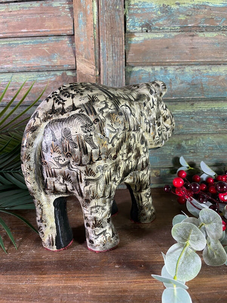 Vintage 8" Indian Kashmir Paper Mache Hand Painted Elephant Statue Ornament