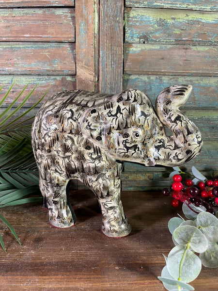 Vintage 8" Indian Kashmir Paper Mache Hand Painted Elephant Statue Ornament