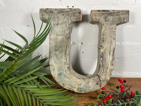 Letter U Vintage Reclaimed Tin Metal Oil Drum Letters