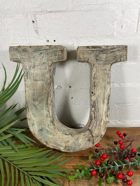 Letter U Vintage Reclaimed Tin Metal Oil Drum Letters