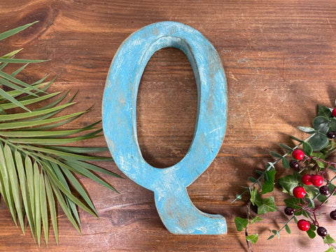 Letter Q Vintage Reclaimed Blue Wooden Wall Letters