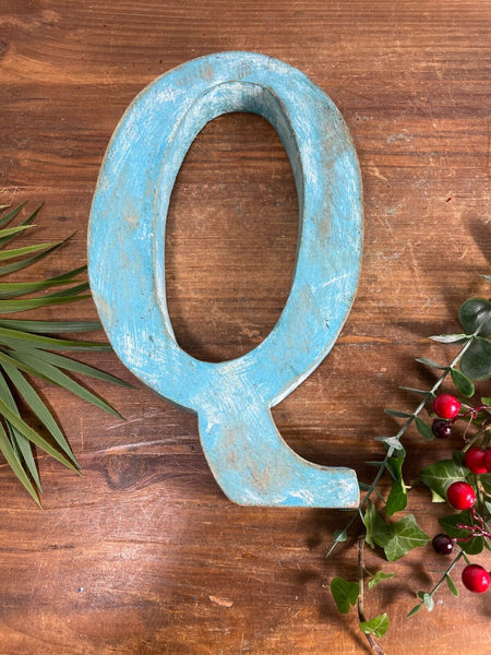 Letter Q Vintage Reclaimed Blue Wooden Wall Letters