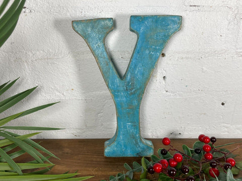 Letter Y Vintage Reclaimed Blue Wooden Wall Letters