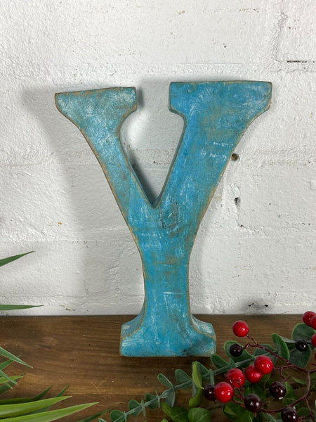 Letter Y Vintage Reclaimed Blue Wooden Wall Letters
