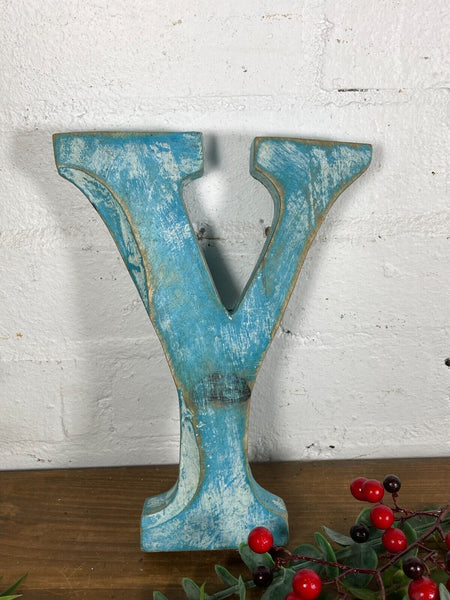 Letter Y Vintage Reclaimed Blue Wooden Wall Letters