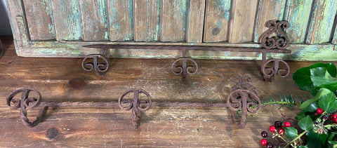 Pair Vintage Rustic French Blacksmith Made Wrought Iron Coat Towel Hooks