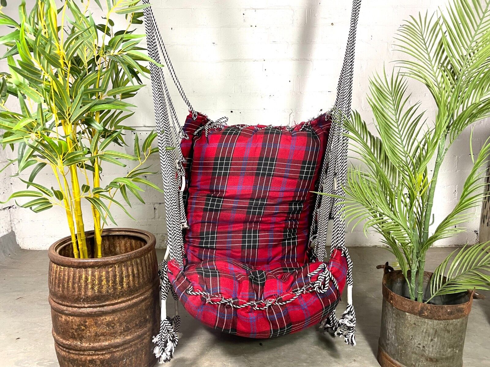 Reclaimed Hand Made Red Tartan Indian Padded Rope Swing Hammock Seat Chair
